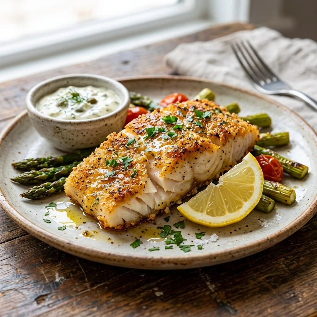 Crispy Air Fryer Cod served with lemon and fresh herbs