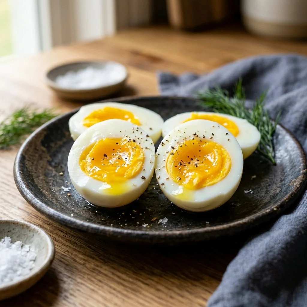 Air fryer hard boiled eggs cooking in an air fryer basket.