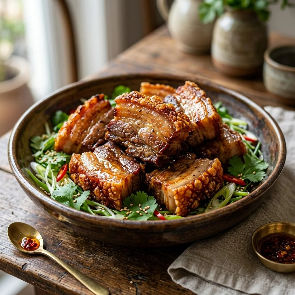 Crispy air fryer pork belly served on a plate