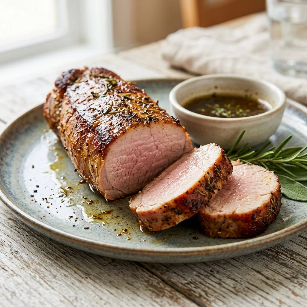 Juicy air fryer pork tenderloin served on a plate with herbs