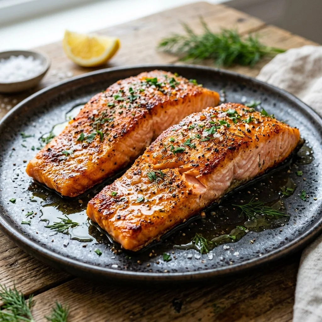 Air fryer salmon fillet garnished with herbs on a plate