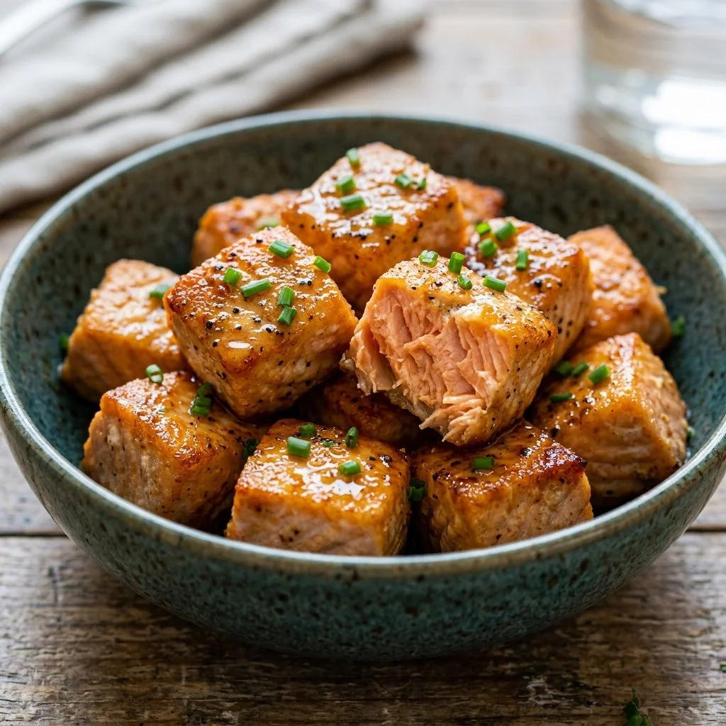 Crispy air fryer salmon bites served on a platter with dipping sauce