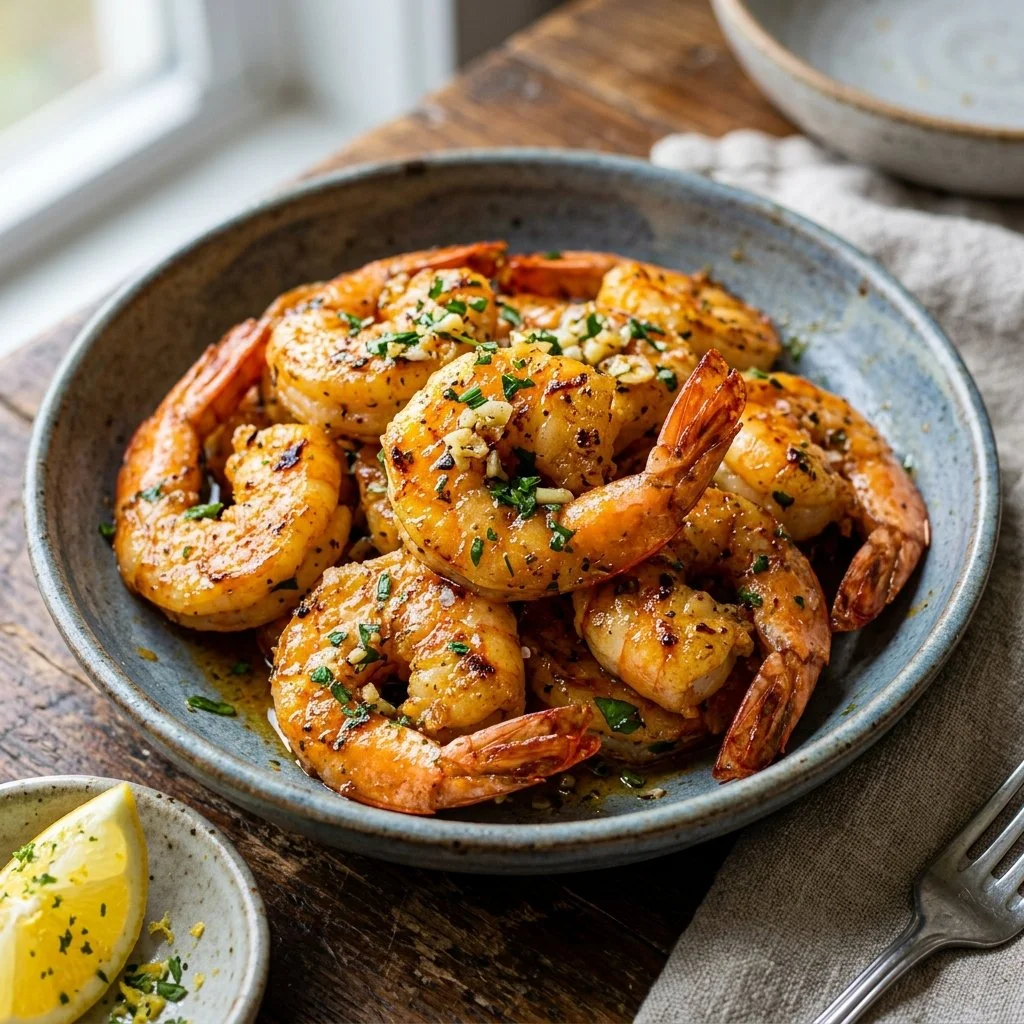Delicious air fryer shrimp served with lemon and herbs.