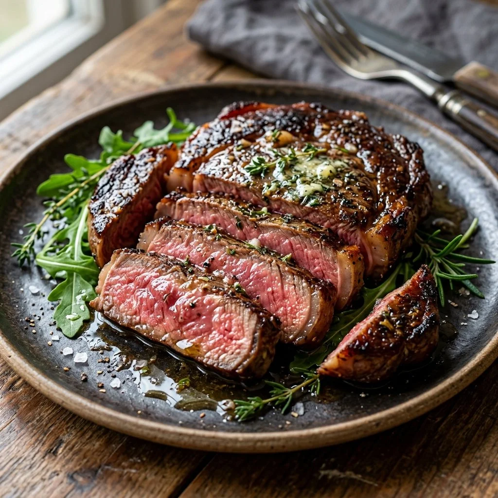 Delicious air fryer steak garnished with herbs and served on a plate.