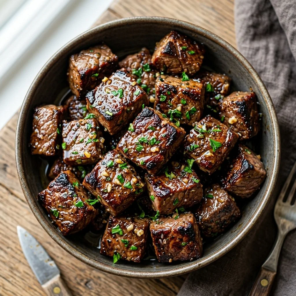 Delicious air fryer steak bites served on a plate with herbs and spices.