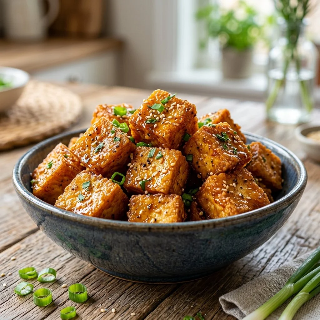 Crispy air fryer tofu served with vegetables and dipping sauce