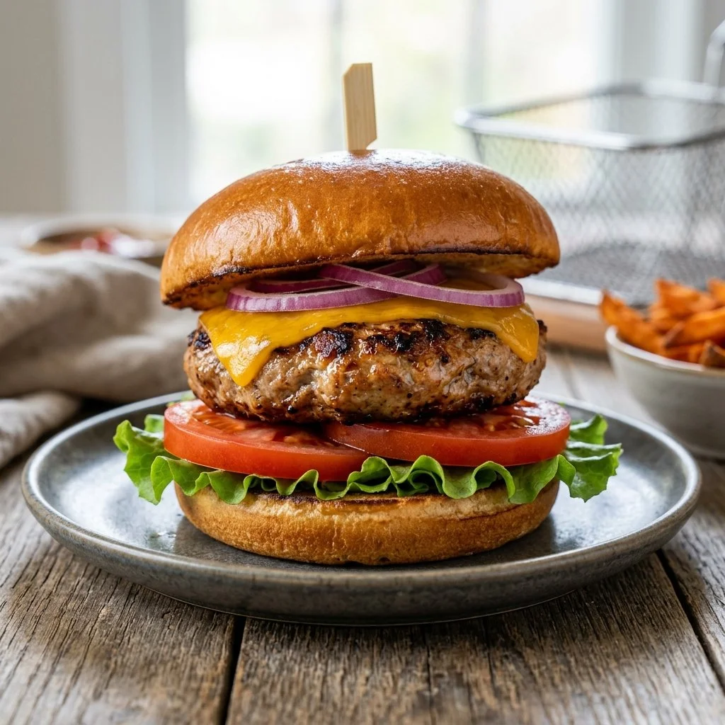 Delicious air fryer turkey burgers ready to be served.
