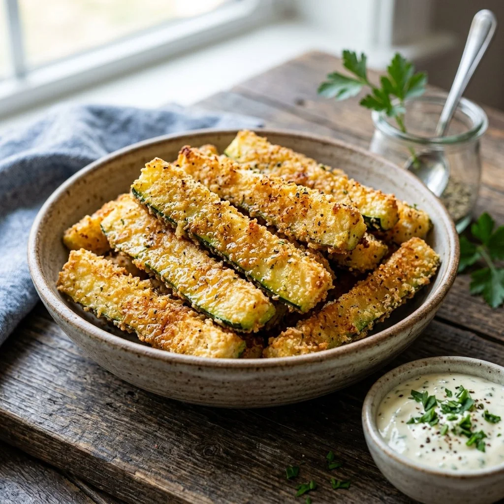 Crispy air fryer zucchini fries served as a healthy snack.