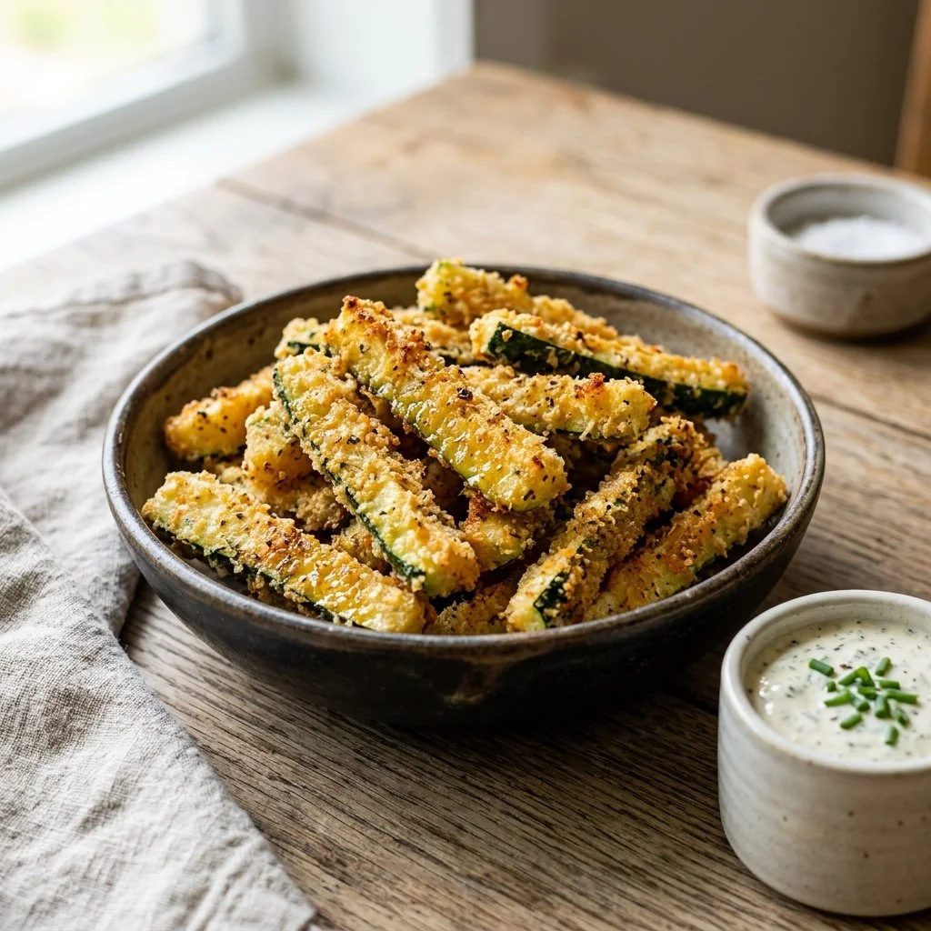 Crispy air fryer zucchini fries served on a plate