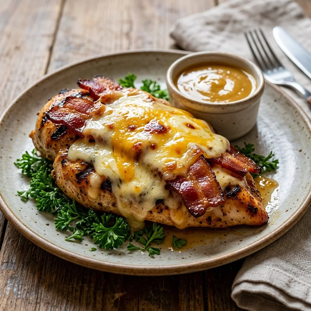 Plate of Alice Springs Chicken with bacon and honey mustard sauce