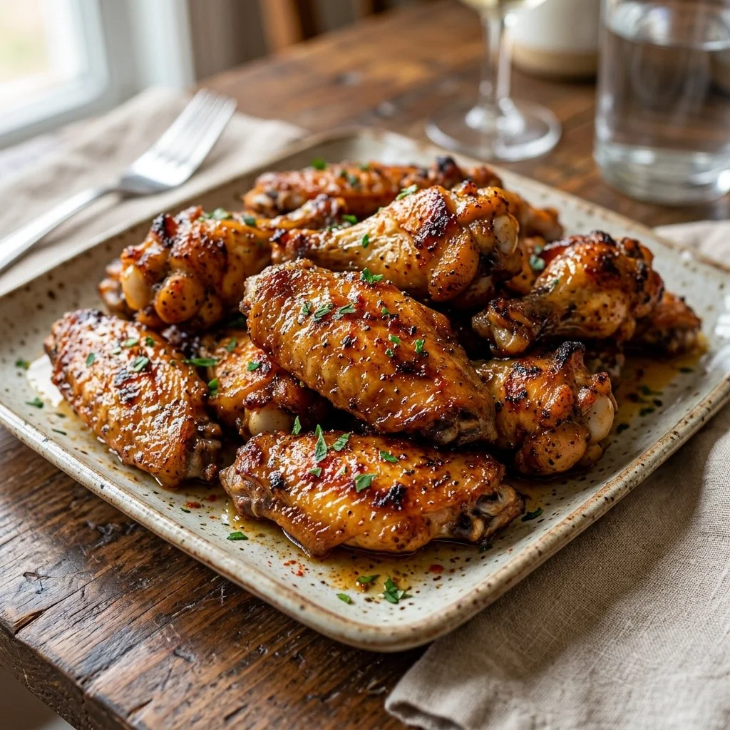 Delicious baked chicken wings served with dipping sauce on a plate.