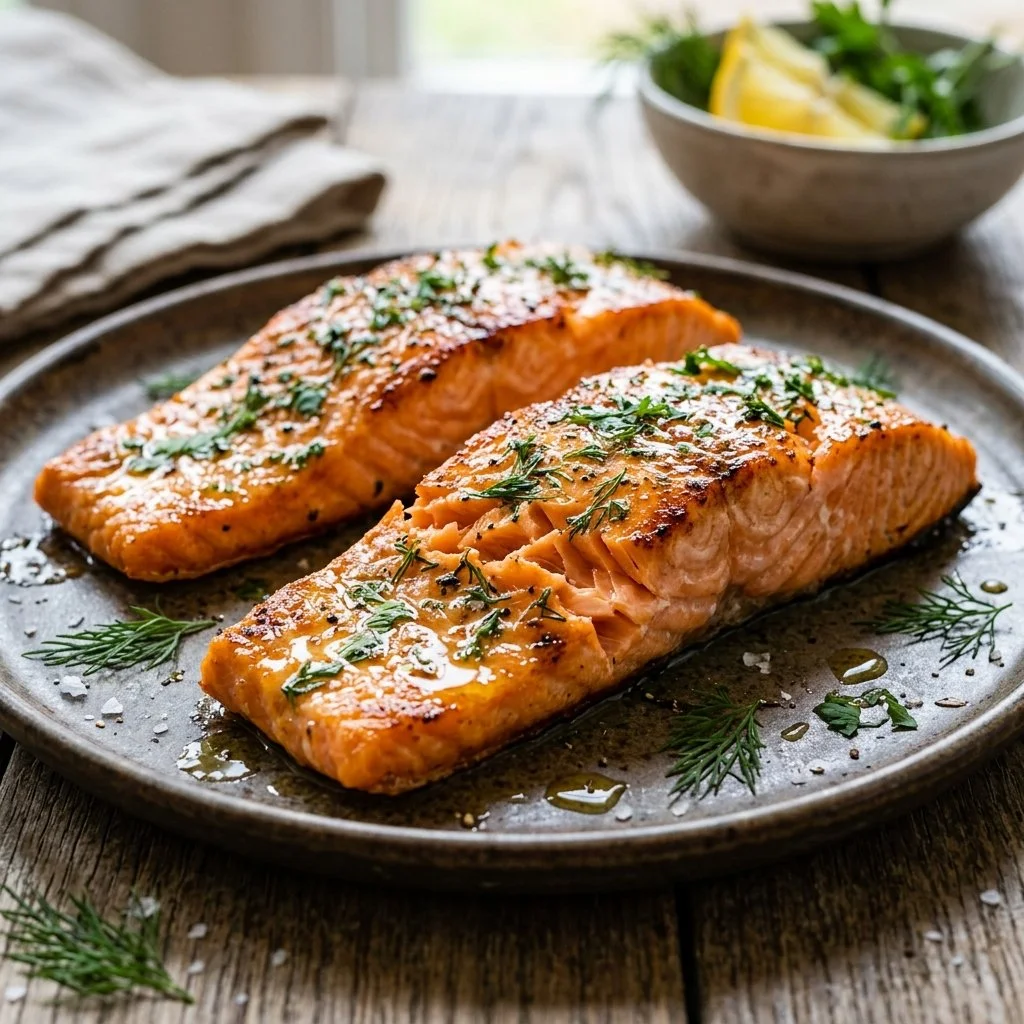 Delicious and healthy baked salmon fillets on a plate