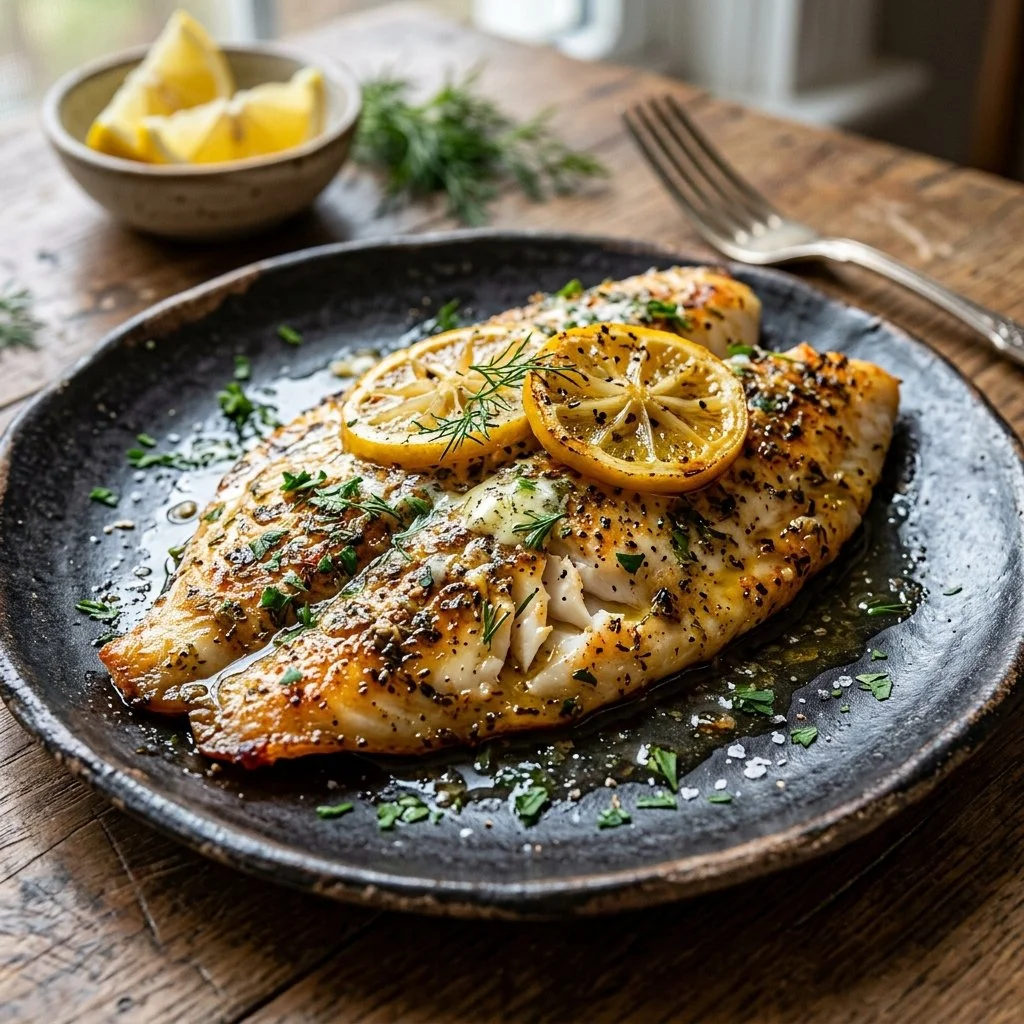 Deliciously baked tilapia fillets served with herbs and spices.