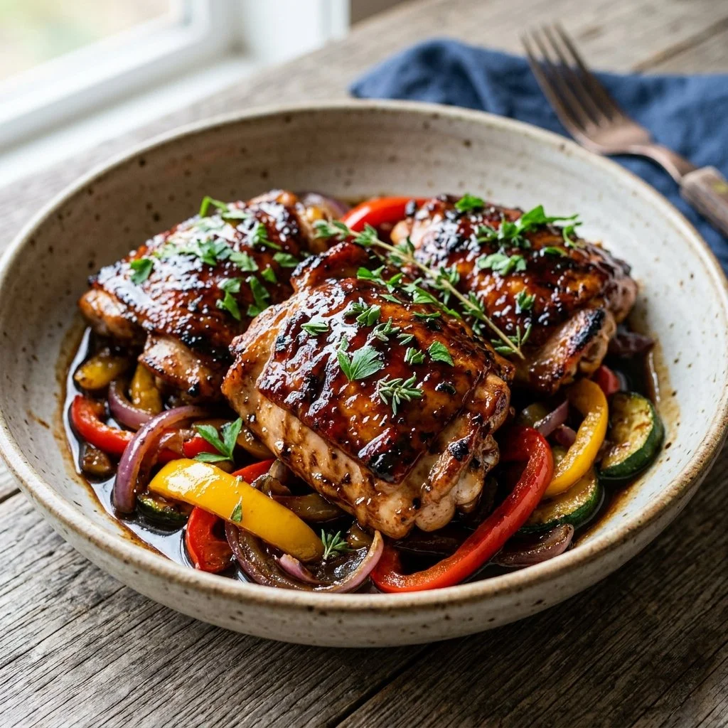 Balsamic glazed chicken served with fresh herbs and vegetables.