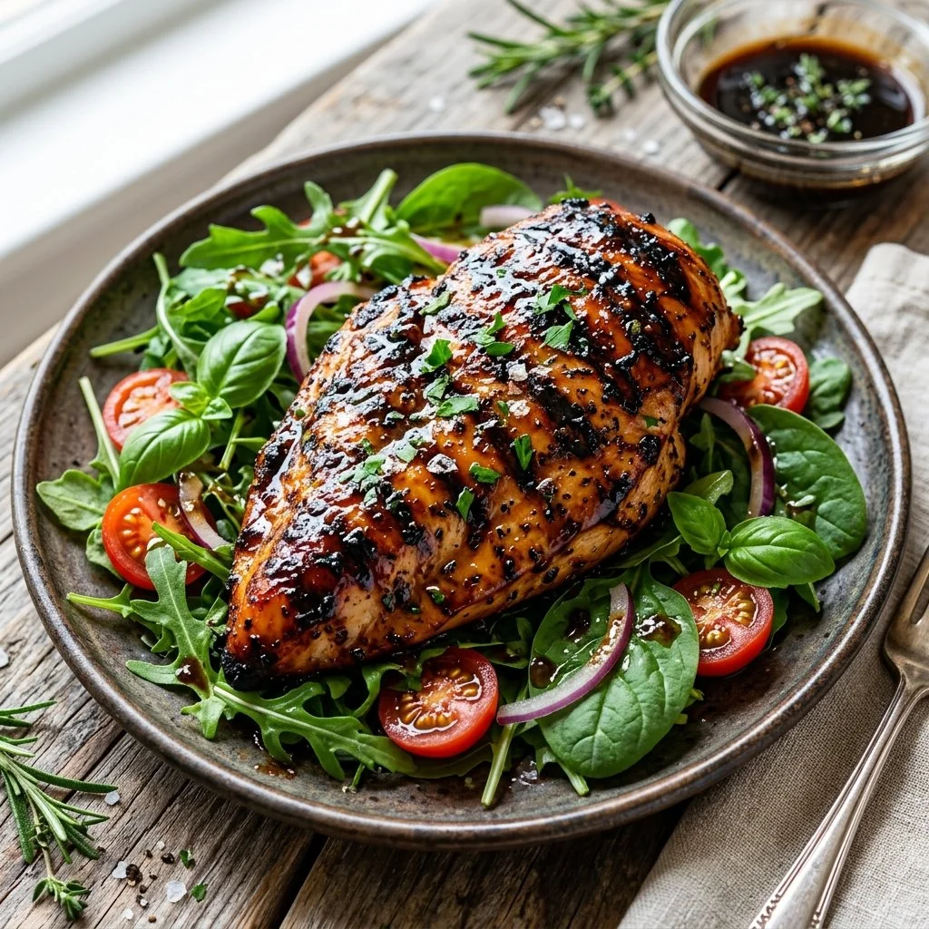 Balsamic Grilled Chicken on the grill with fresh herbs and vegetables