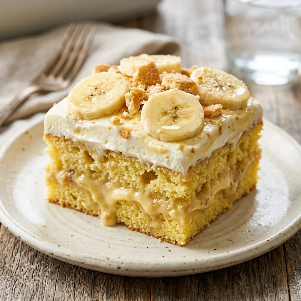 Delicious Banana Pudding Poke Cake topped with whipped cream and bananas