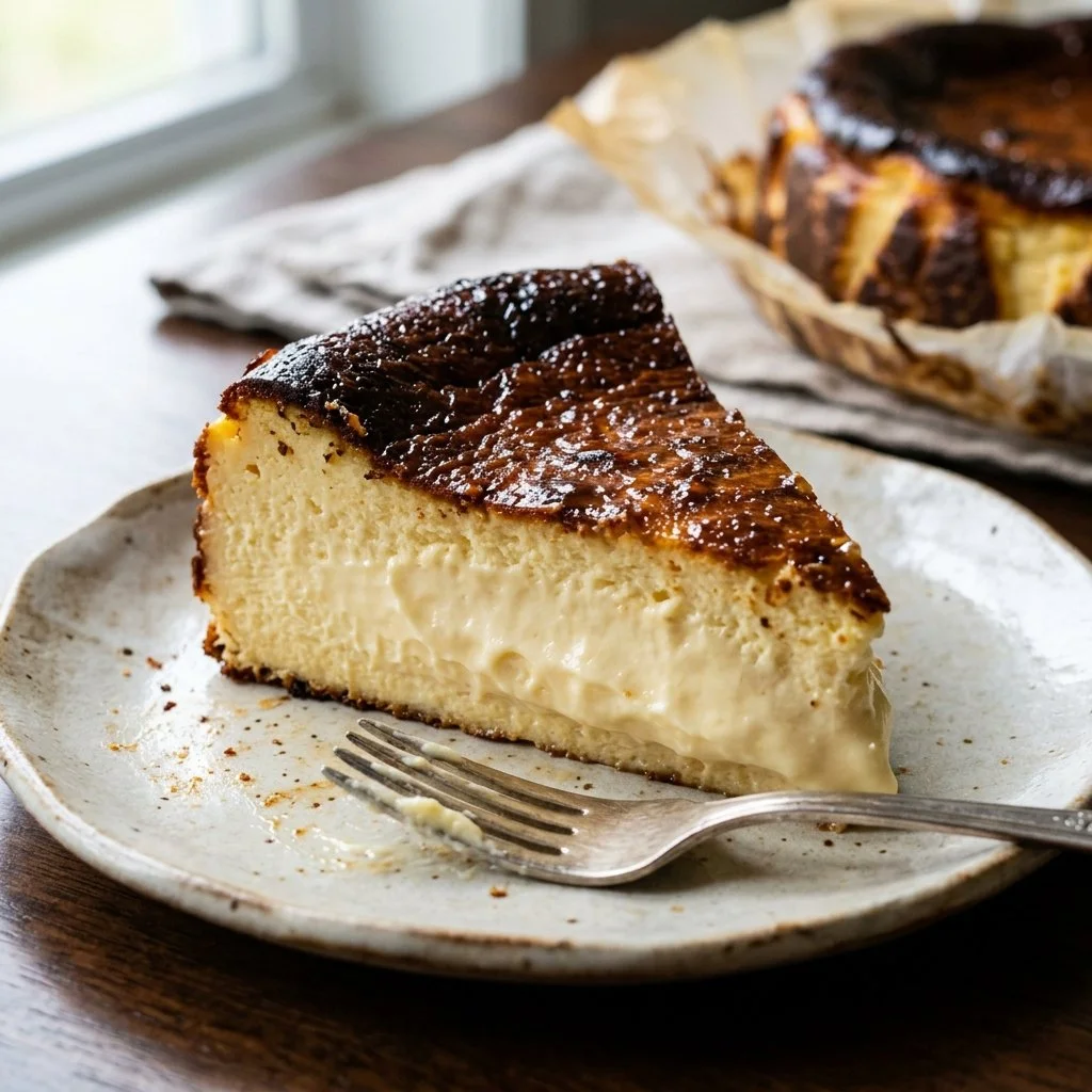 Delicious slice of Basque Burnt Cheesecake with a caramelized top and creamy filling.
