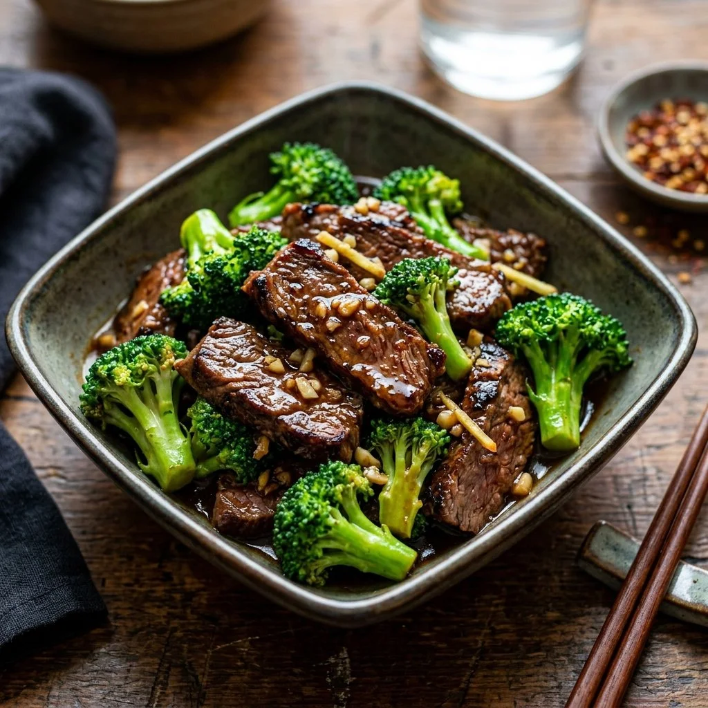 Delicious homemade Beef and Broccoli stir-fry on a plate
