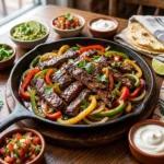 Delicious beef fajitas with marinated steak and colorful peppers