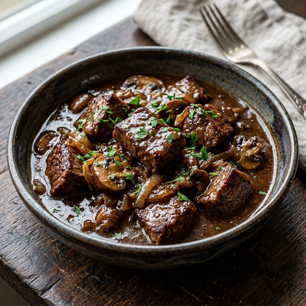 Delicious beef tips in gravy served with mashed potatoes