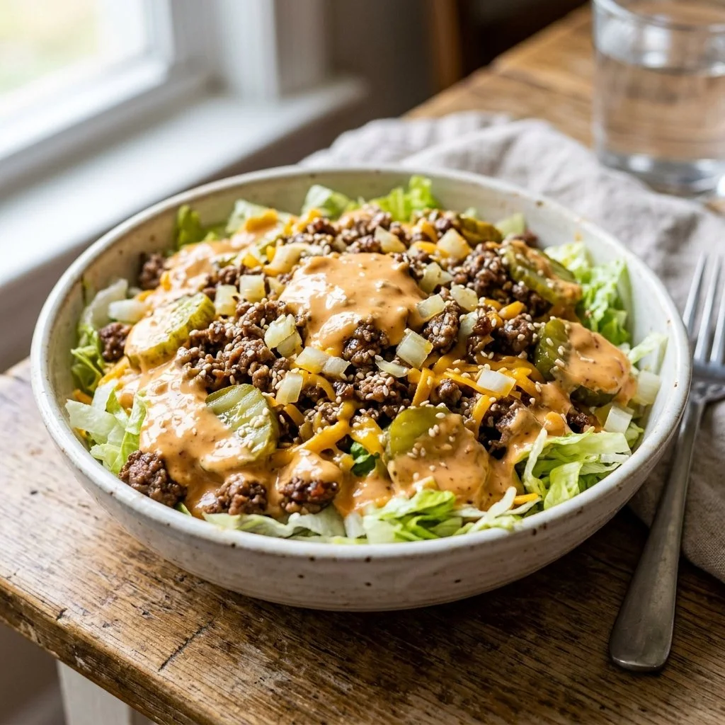 Big Mac Salad with lettuce, tomatoes, pickles, and special sauce on a plate