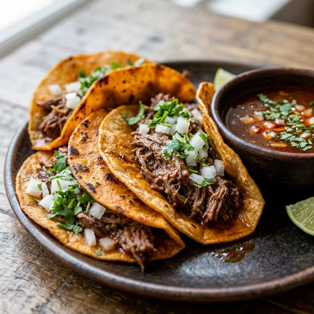 Delicious Birria Tacos served with broth for dipping