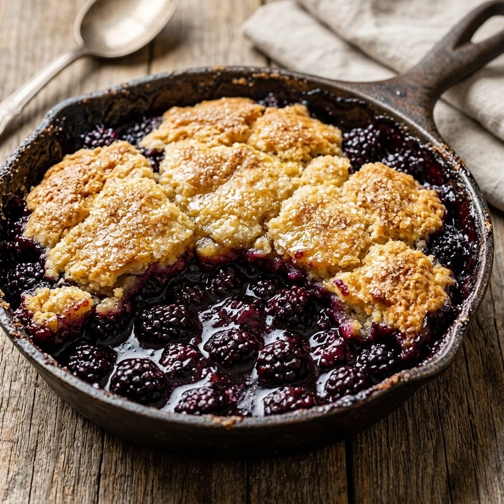 Freshly baked blackberry cobbler topped with a golden crust