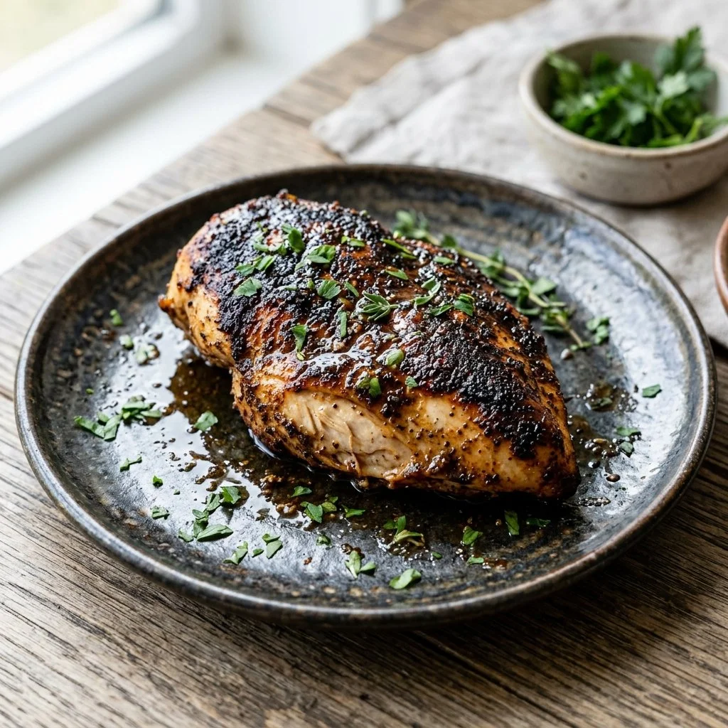 Sizzling blackened chicken breast seasoned with spices on a plate