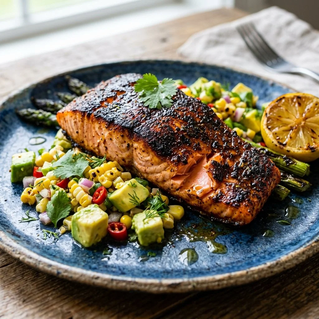 Delicious blackened salmon fillet served with lemon and herbs