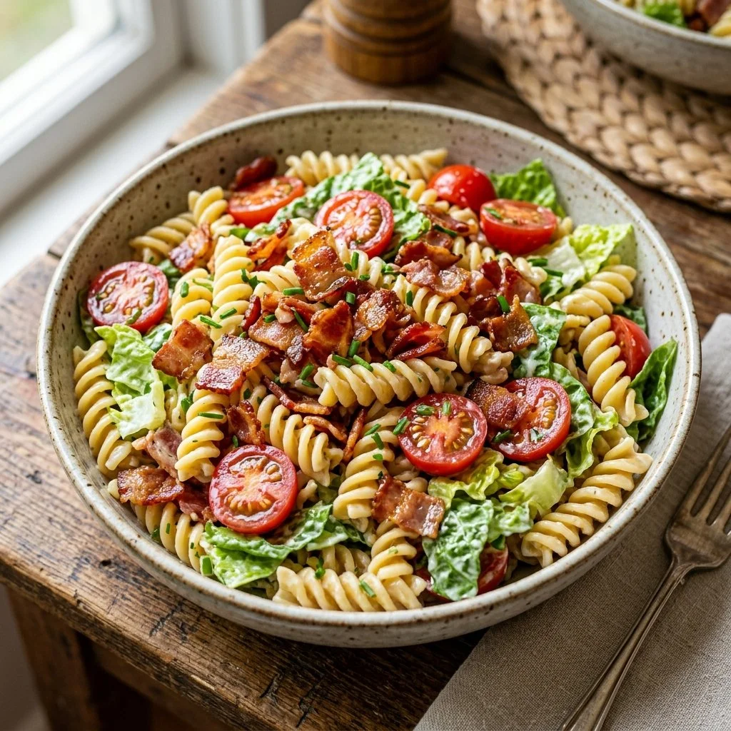 Delicious BLT Pasta Salad with bacon, lettuce, and tomatoes in a bowl.