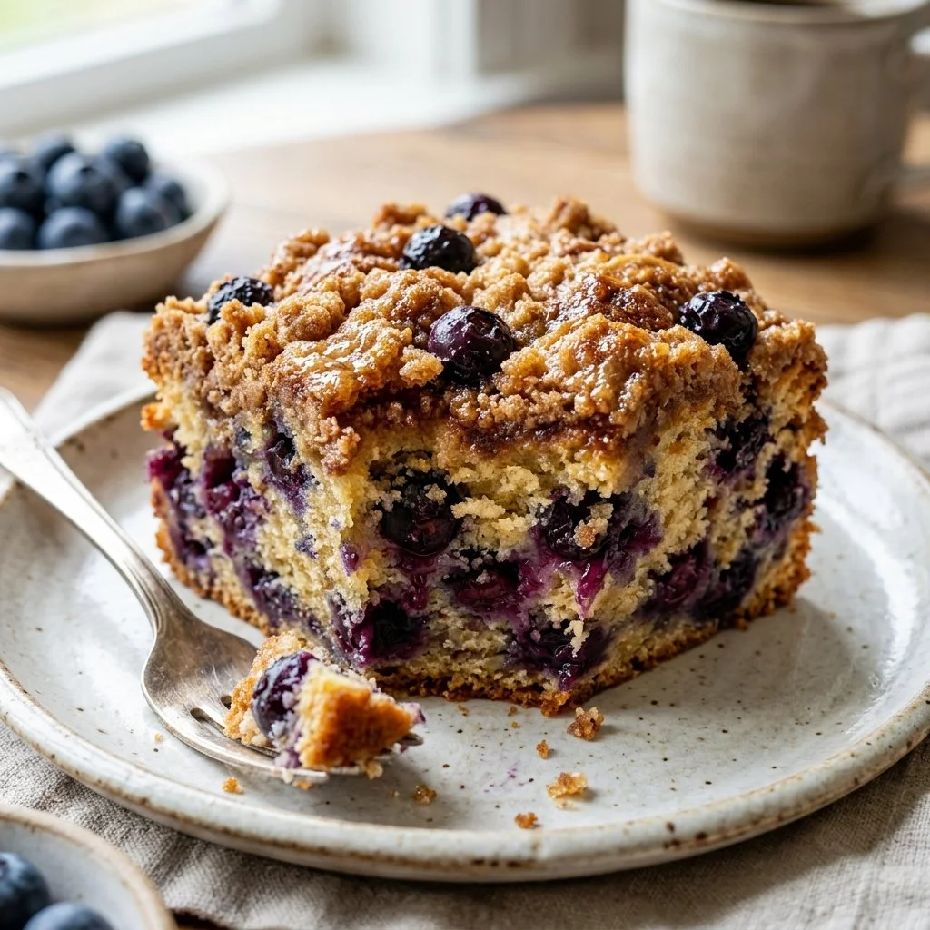 Delicious blueberry coffee cake topped with fresh blueberries and crumbly streusel