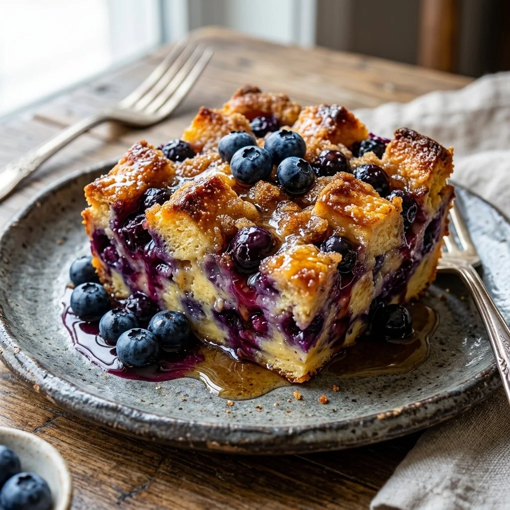 Delicious Blueberry French Toast Casserole served on a plate