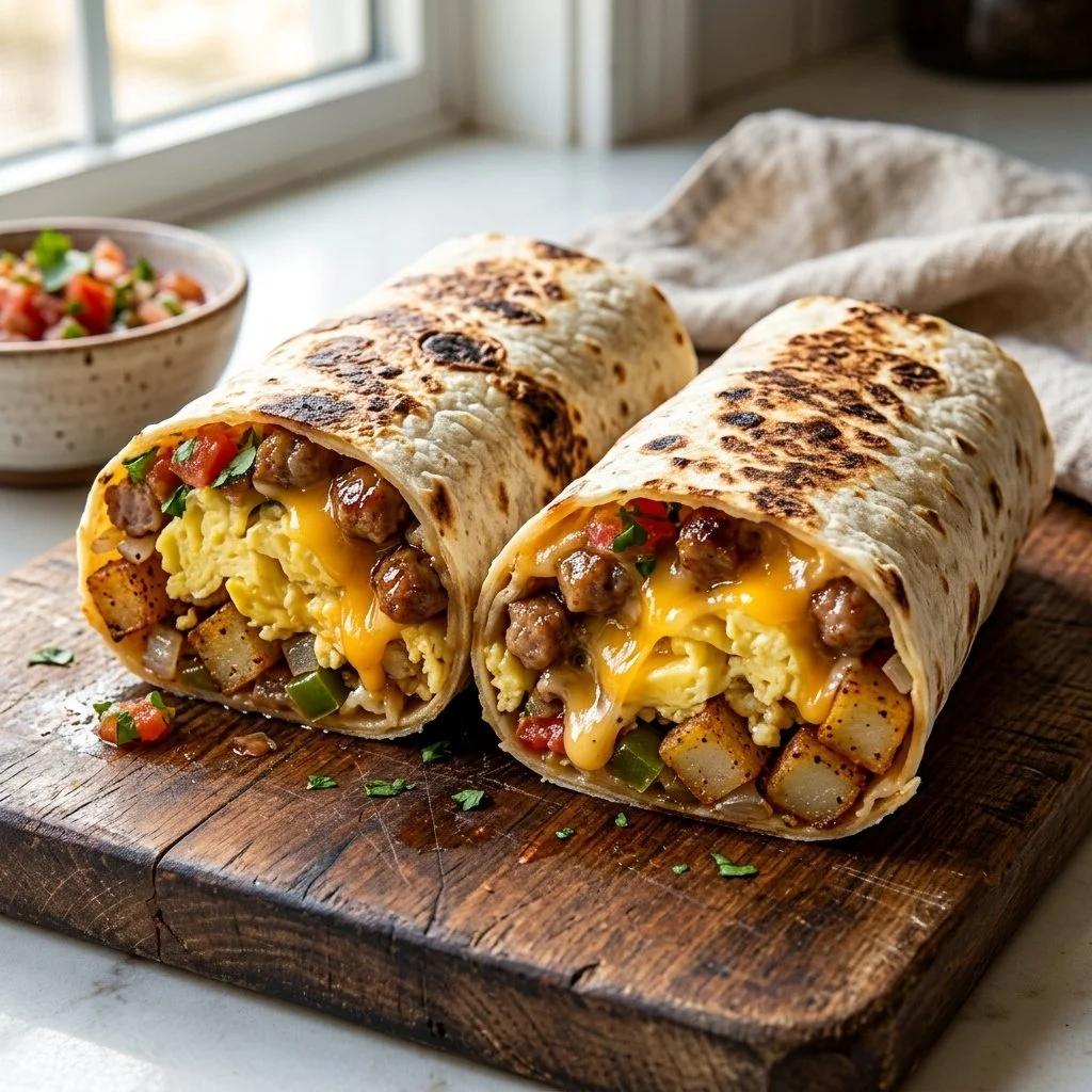 Delicious breakfast burritos filled with eggs and cheese