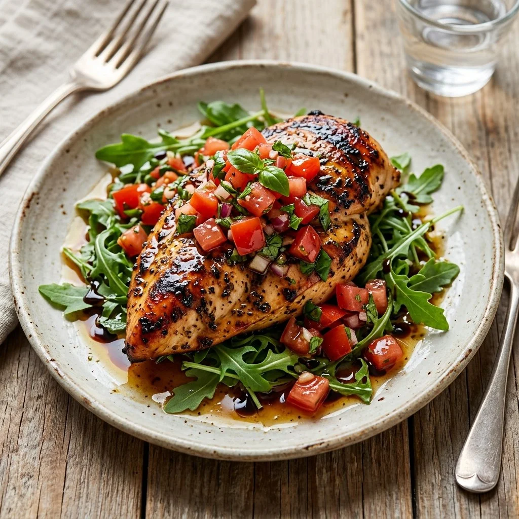 Delicious bruschetta chicken topped with fresh tomatoes and basil.