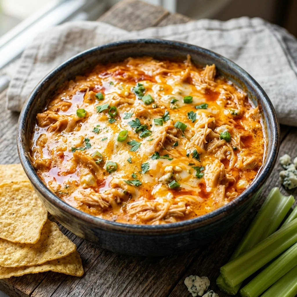 Creamy Buffalo Chicken Dip served with tortilla chips