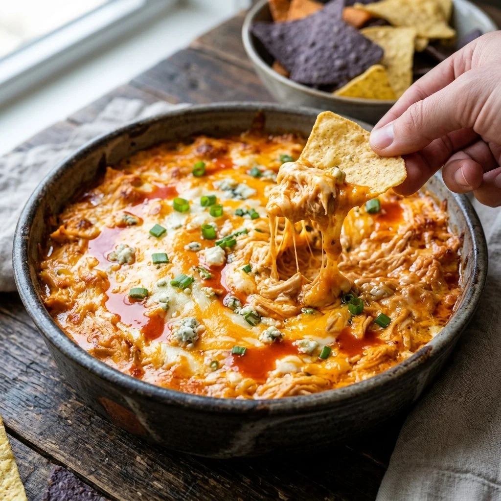 Delicious Buffalo Chicken Dip served in a bowl, perfect for parties and gatherings.