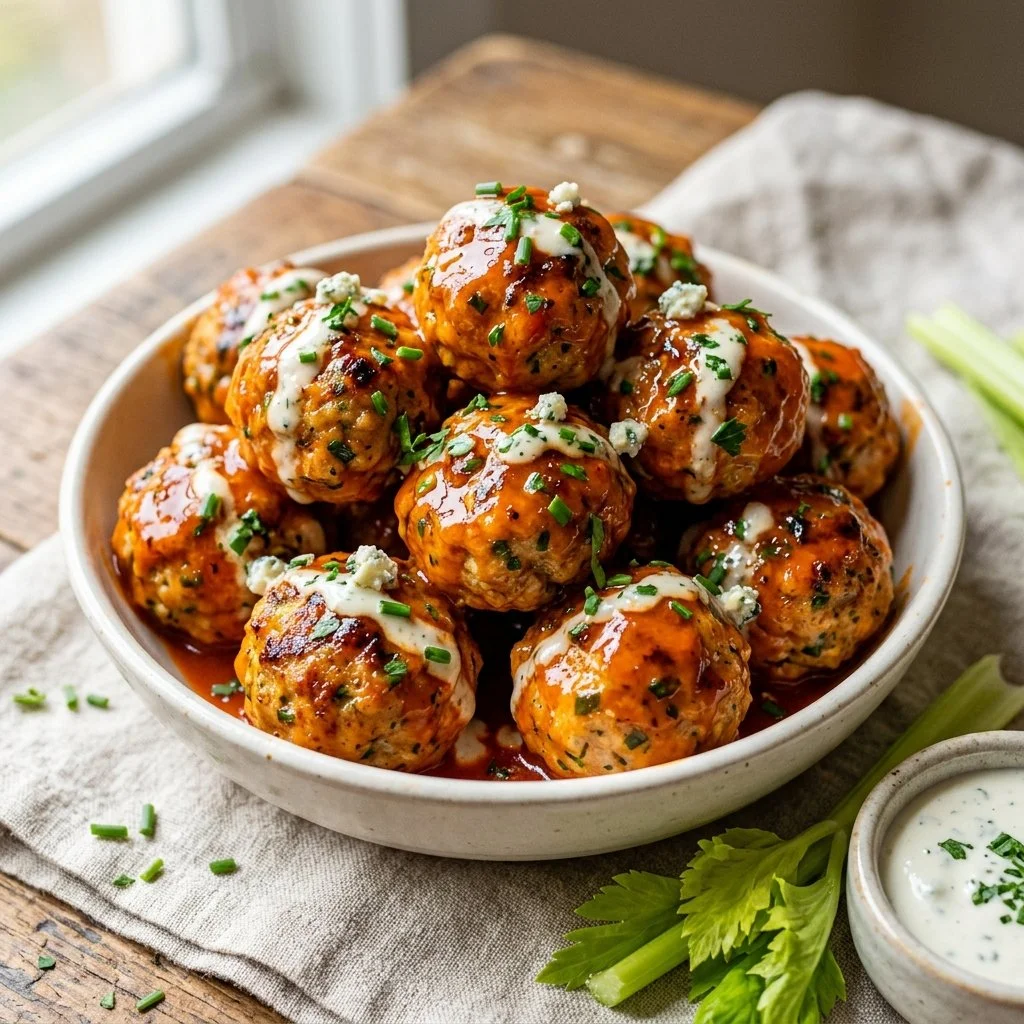 Buffalo Chicken Meatballs served on a platter with dipping sauce