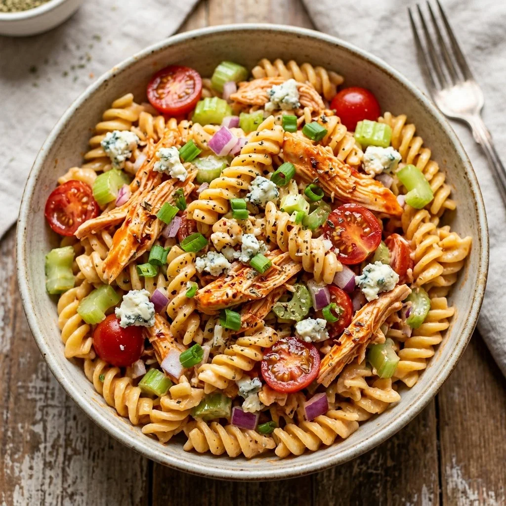 A bowl of Buffalo Chicken Pasta Salad with vibrant ingredients and a spicy dressing.