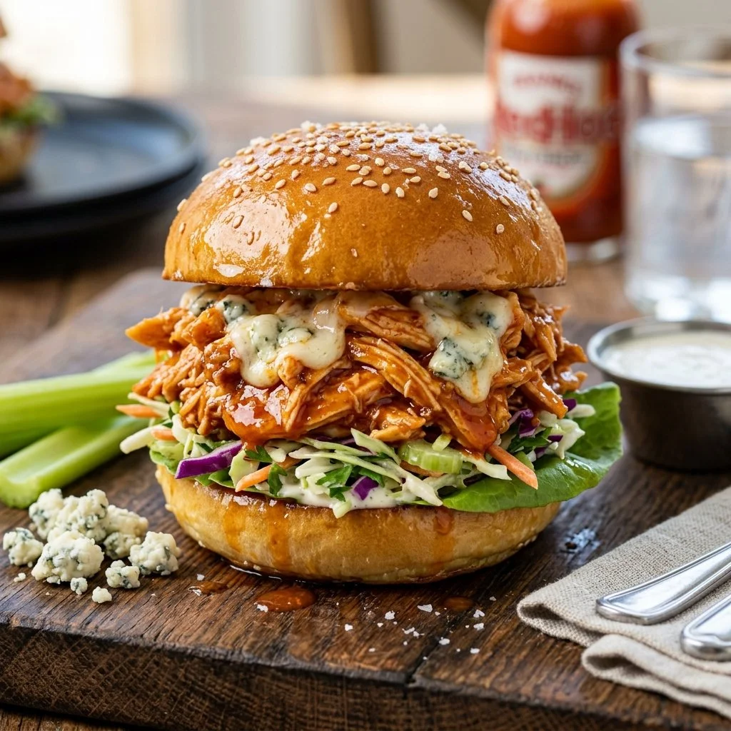 Buffalo Chicken Sliders served on a platter with dipping sauce
