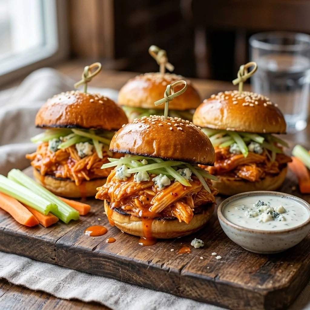 Buffalo chicken sliders served with dipping sauce and garnishes