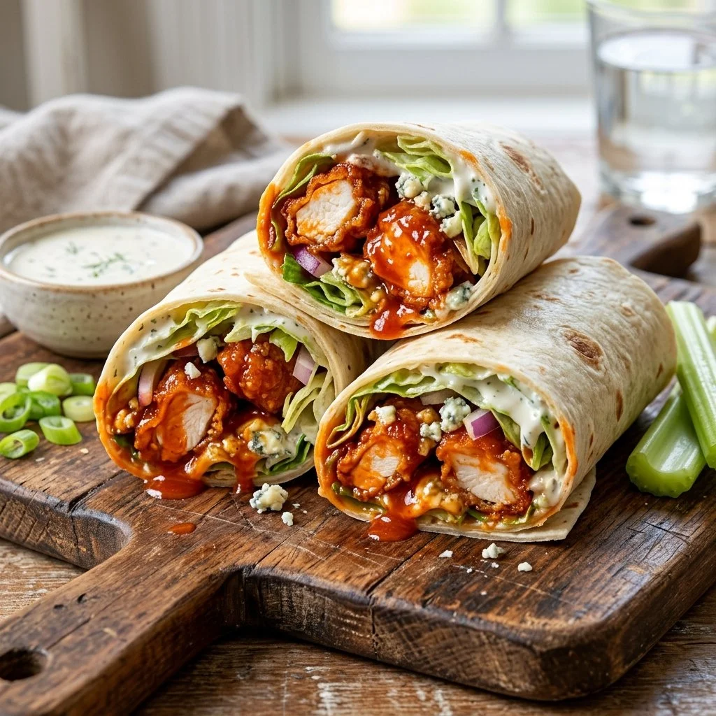 Delicious Buffalo Chicken Wraps with spicy chicken and fresh vegetables