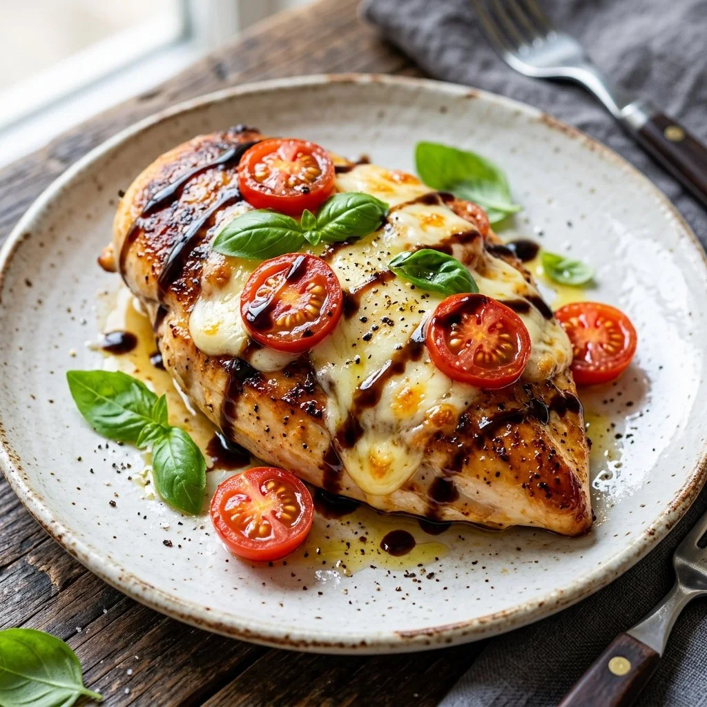 Delicious Caprese Chicken breast topped with basil, tomatoes, and mozzarella cheese.