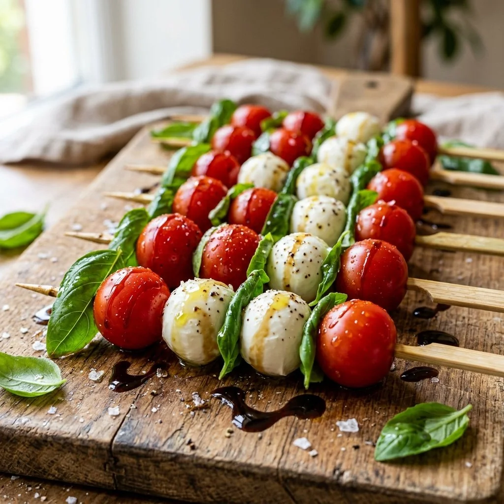 Delicious Caprese Skewers with fresh mozzarella, tomatoes, and basil on a platter