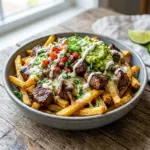 Delicious Carne Asada Fries with toppings of carne asada, cheese, and guacamole.