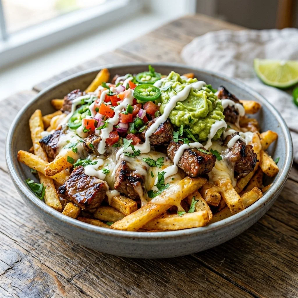 Delicious Carne Asada Fries with toppings of carne asada, cheese, and guacamole.