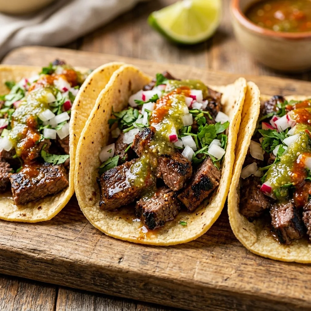 Delicious Carne Asada Tacos with fresh toppings and savory beef