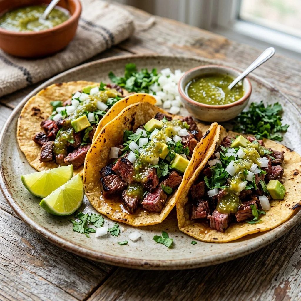 Delicious Carne Asada Tacos topped with cilantro, onions, and lime in corn tortillas.