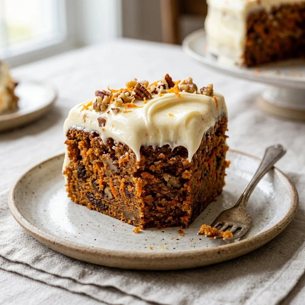 Delicious carrot cake with cream cheese frosting on a decorative plate