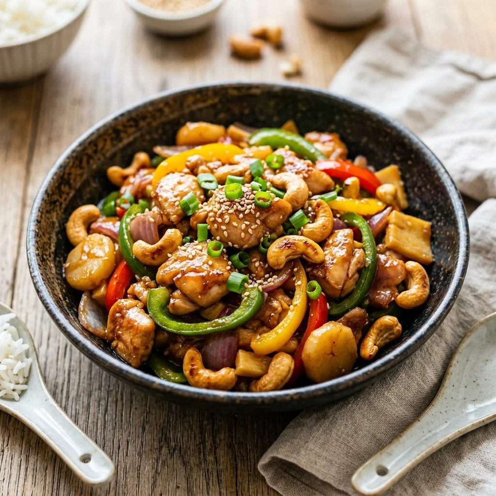 Delicious cashew chicken dish served with vegetables and rice