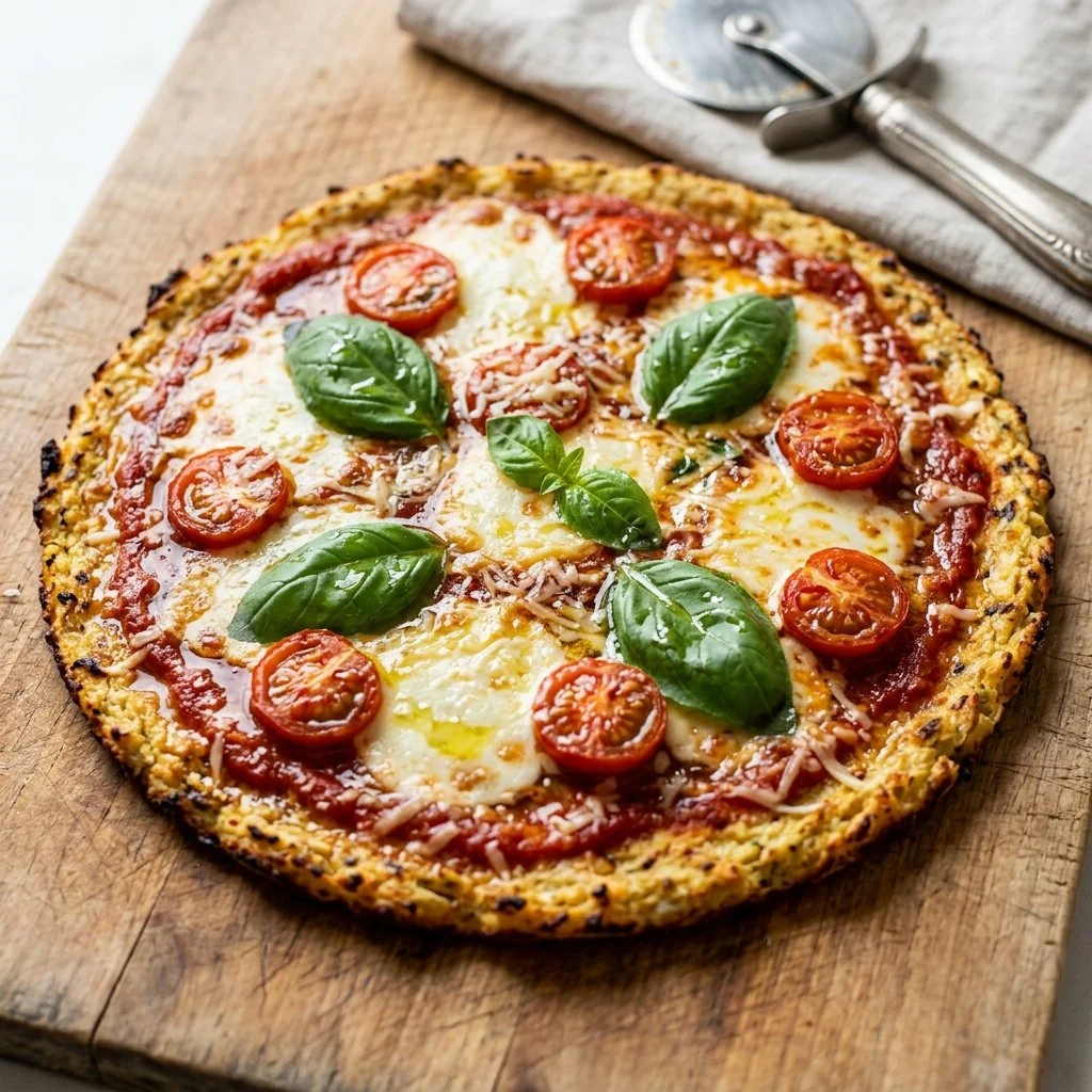 Delicious cauliflower crust pizza topped with fresh vegetables and cheese
